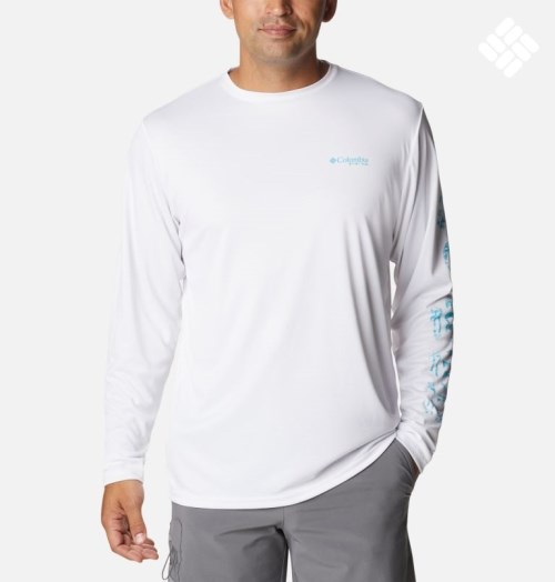 Men's Columbia Terminal Tackle PFG Logo Print Long Sleeve Sweatshirts White | CA-L5A34