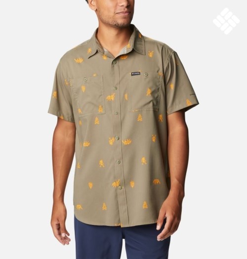 Men's Columbia Utilizer Printed Woven Short Sleeve Shirts Olive | CA-YC165