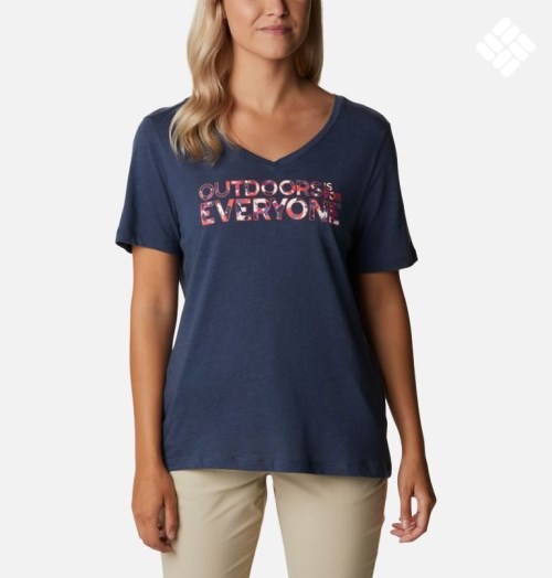 Women's Columbia Bluebird Day Relaxed V-Neck T Shirts Navy | CA-J6C35