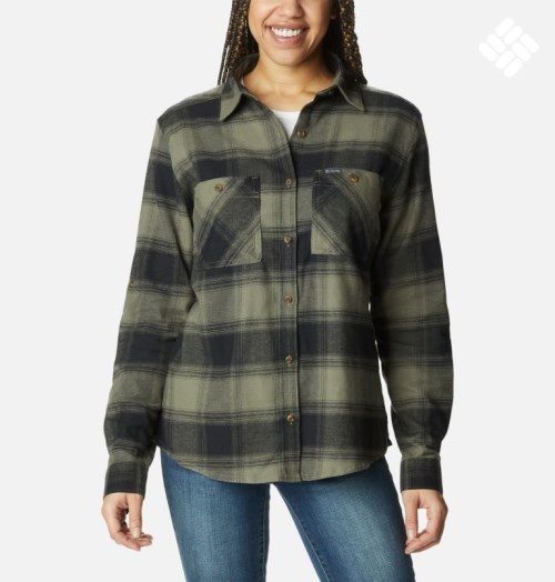 Women's Columbia Clay Hills Stretch Flannel Shirts Olive | CA-N81CA