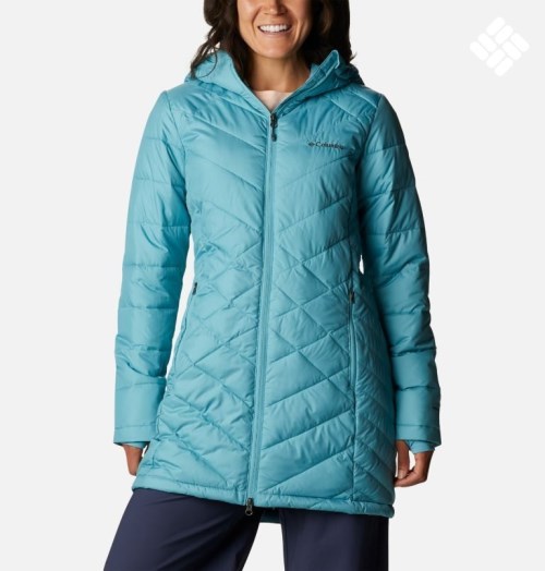 Women's Columbia Heavenly Long Hooded Down Jackets Turquoise | CA-T5L41