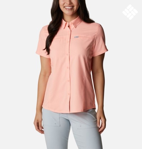 Women's Columbia PFG Cool Release Woven Short Sleeve Shirts Pink | CA-U83L4