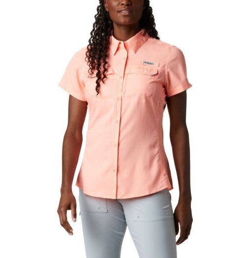 Women's Columbia PFG Lo Drag Short Sleeve Shirts Pink | CA-BA4C8