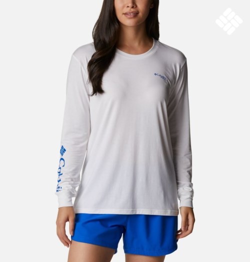 Women's Columbia PFG Slack Water Graphic Long Sleeve Sweatshirts White | CA-C53L4