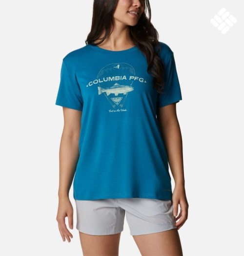 Women's Columbia PFG Slack Water Graphic Short Sleeve T Shirts Blue | CA-HC135