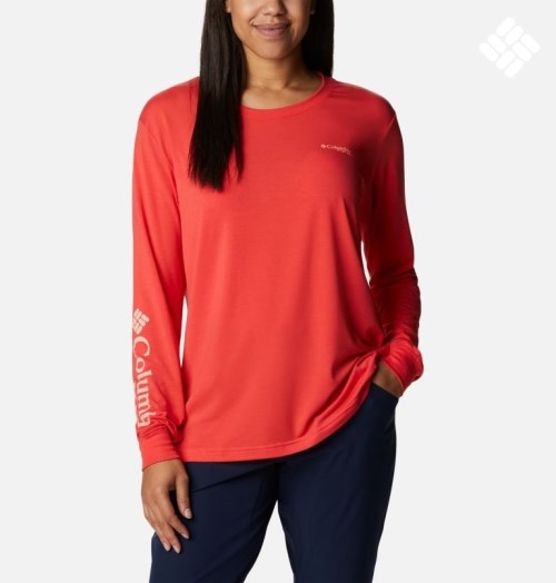 Women's Columbia PFG Slack Water Graphic Long Sleeve Sweatshirts Red | CA-Q6438