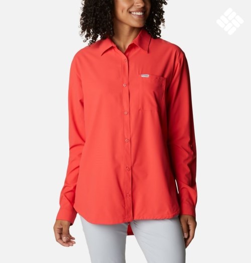 Women's Columbia PFG Sun Drifter Woven Long Sleeve Shirts Red | CA-A45A0