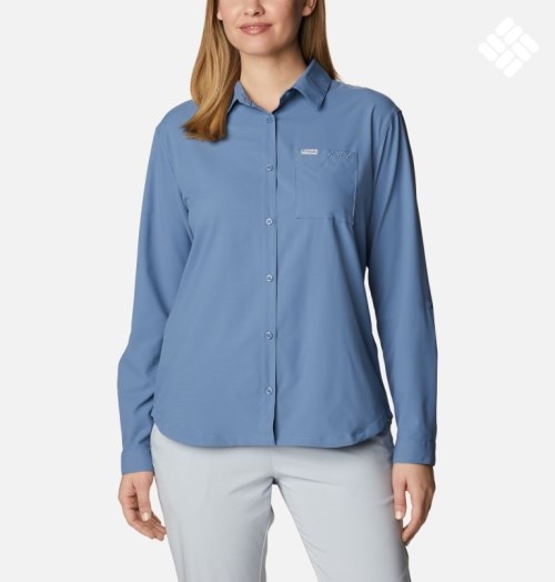 Women's Columbia PFG Sun Drifter Woven Long Sleeve Shirts Blue | CA-OA14C