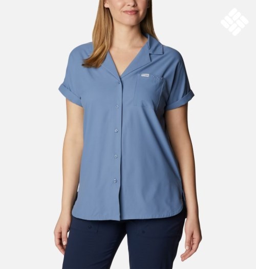 Women's Columbia PFG Sun Drifter Woven Short Sleeve Shirts Blue | CA-R4C8L