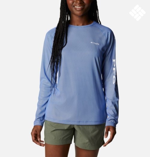 Women's Columbia PFG Tidal Deflector Long Sleeve Sweatshirts Light Blue | CA-EC10L