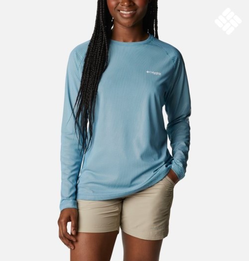 Women's Columbia PFG Tidal Deflector Long Sleeve Sweatshirts Turquoise | CA-O8L43