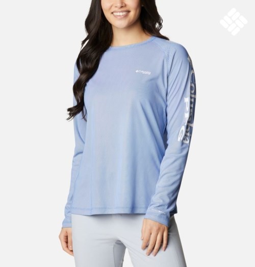 Women's Columbia PFG Tidal Deflector Long Sleeve Sweatshirts Light Blue | CA-Z56L3