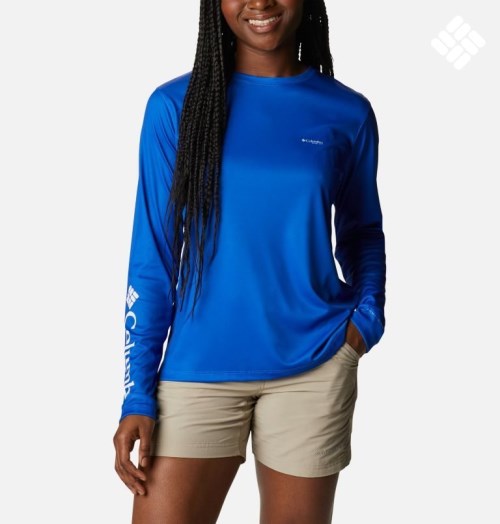 Women's Columbia PFG Tidal Tee Fill-O-Print Fish Long Sleeve Sweatshirts Blue | CA-E8C13