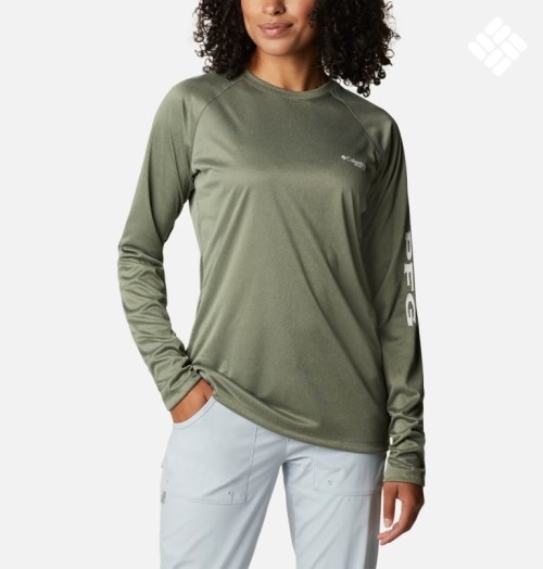 Women's Columbia PFG Tidal Tee Heather Long Sleeve Sweatshirts Olive | CA-T5C61