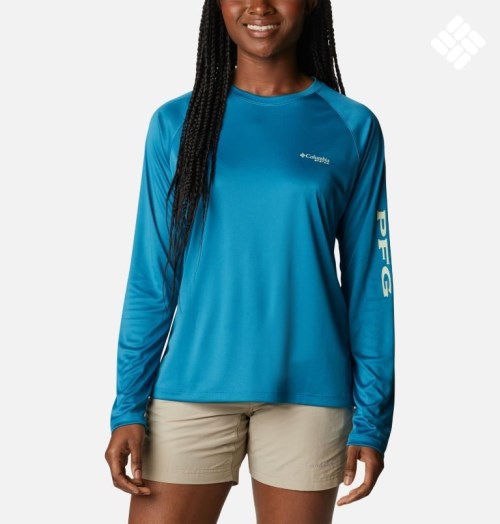 Women's Columbia PFG Tidal Tee II Long Sleeve Sweatshirts Turquoise | CA-R83C1