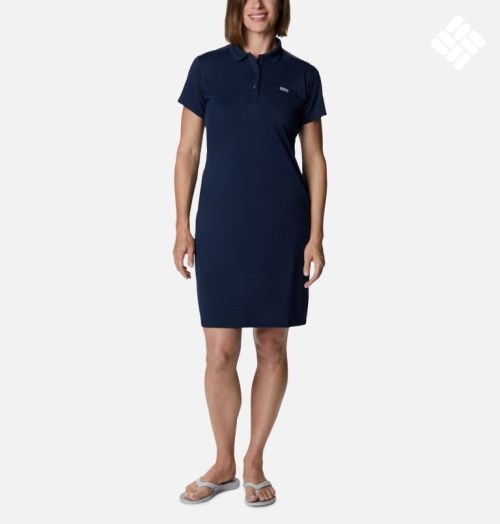 Women's Columbia PFG Tidal Tee Polo Dress Navy | CA-A6LA5