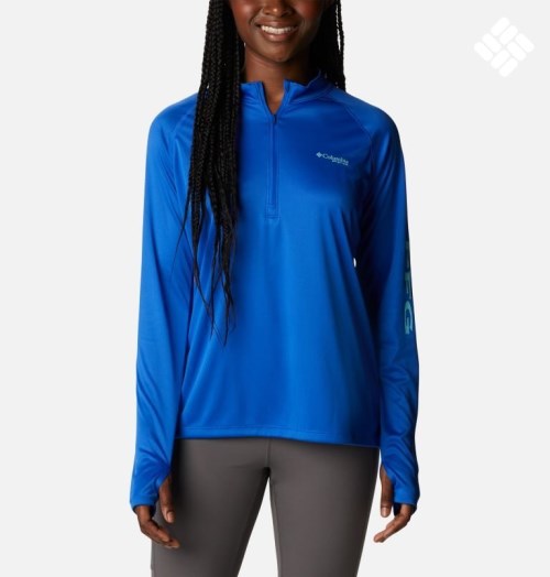 Women's Columbia PFG Tidal Tee Quarter Zip Long Sleeve Sweatshirts Blue | CA-UL401