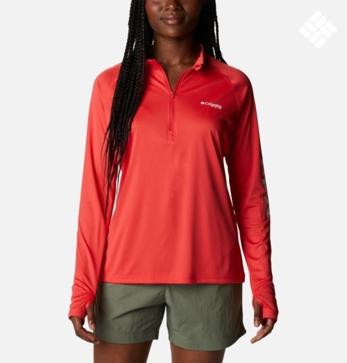 Women's Columbia PFG Tidal Tee Quarter Zip Long Sleeve Sweatshirts Red | CA-UL85A