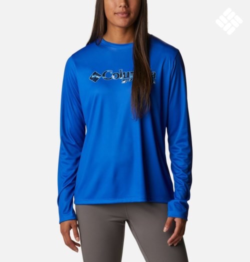 Women's Columbia PFG Tidal Tee Stacked Logo Long Sleeve Sweatshirts Blue | CA-P6L04