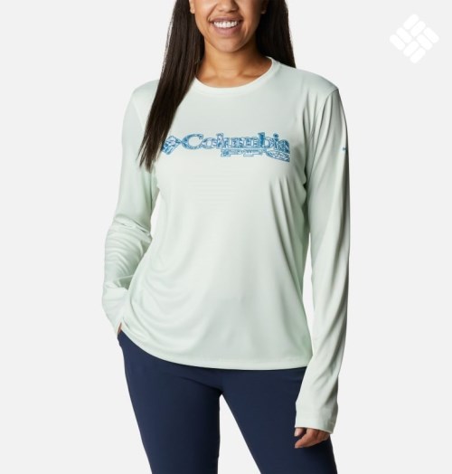 Women's Columbia PFG Tidal Tee Stacked Logo Long Sleeve Sweatshirts Mint | CA-U354L