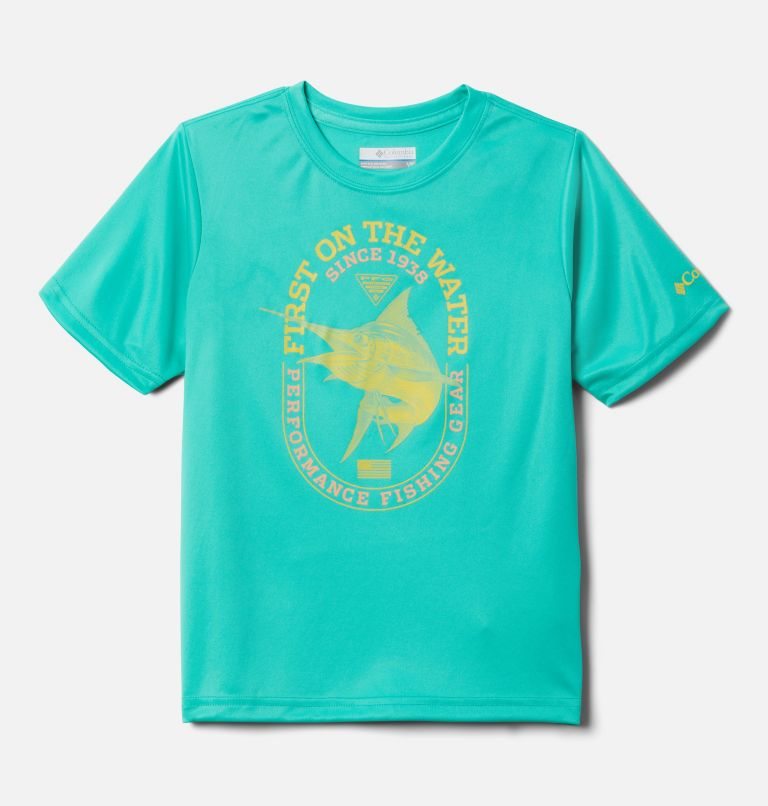 Kids\' Columbia PFG Terminal Tackle First On The Water Short Sleeve T Shirts Turquoise | CA-K4CA1