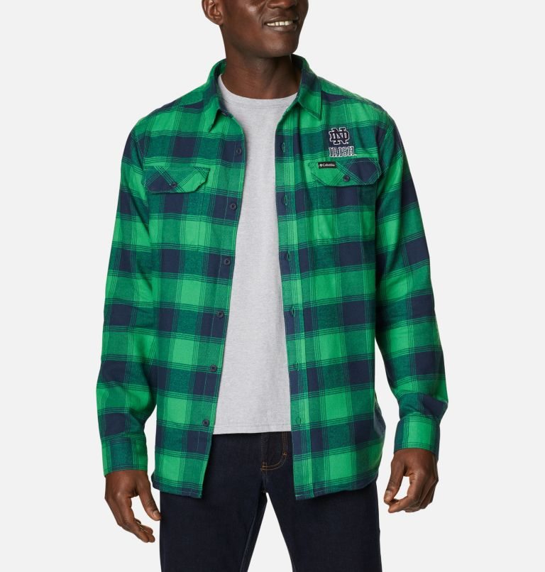 Men\'s Columbia Collegiate Flare Gun Flannel Long Sleeve - Notre Dame Shirts Green | CA-X8564