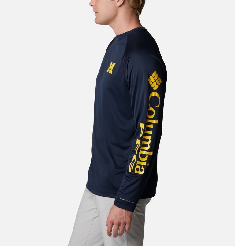 Men's Columbia Collegiate PFG Terminal Tackle Long Sleeve - Michigan Sweatshirts Navy | CA-E3856