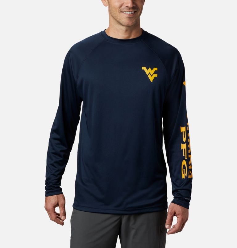 Men\'s Columbia Collegiate PFG Terminal Tackle Long Sleeve - West Virginia Sweatshirts Navy | CA-O1L68