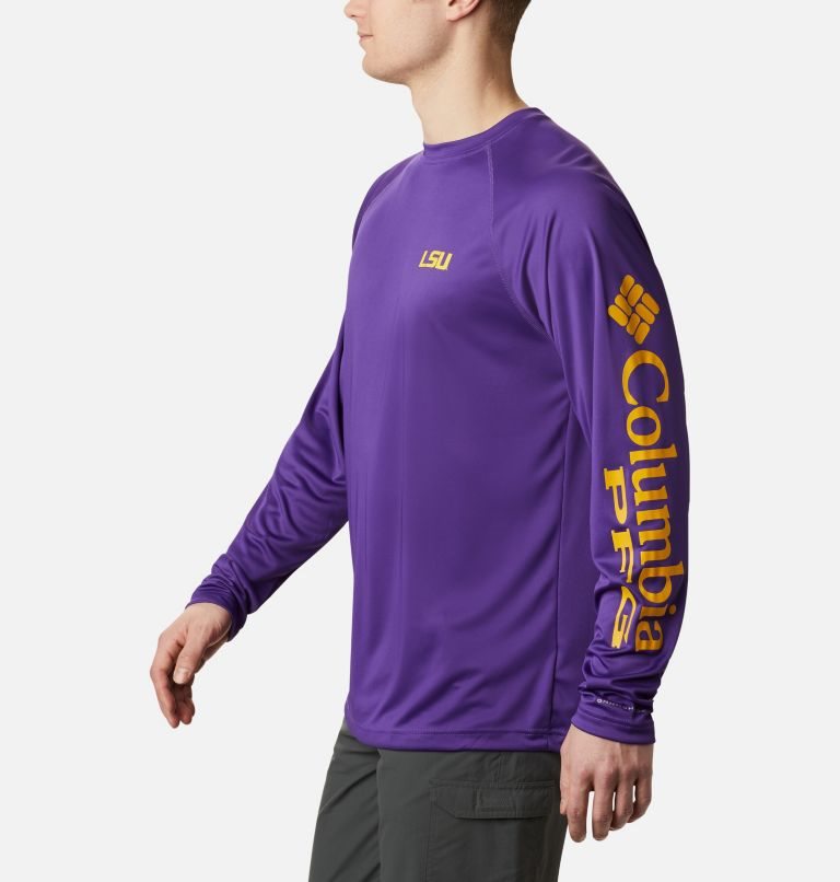 Men's Columbia Collegiate PFG Terminal Tackle Long Sleeve - LSU Sweatshirts Purple | CA-P6L85