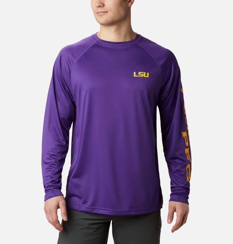 Men\'s Columbia Collegiate PFG Terminal Tackle Long Sleeve - LSU Sweatshirts Purple | CA-P6L85