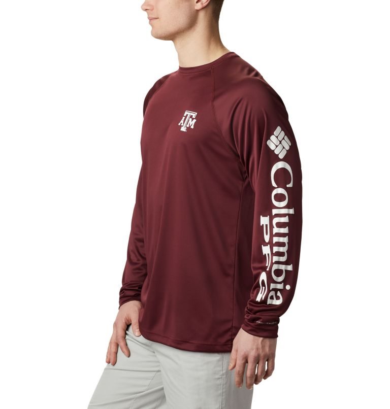 Men's Columbia Collegiate PFG Terminal Tackle Long Sleeve - Texas A&M Sweatshirts Burgundy | CA-U5164