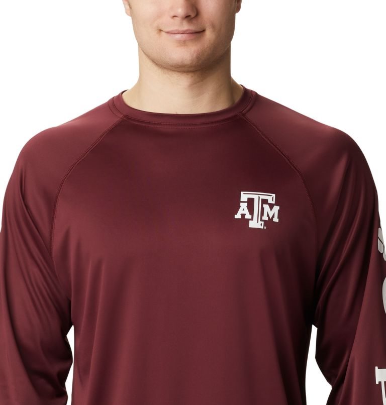 Men's Columbia Collegiate PFG Terminal Tackle Long Sleeve - Texas A&M Sweatshirts Burgundy | CA-U5164