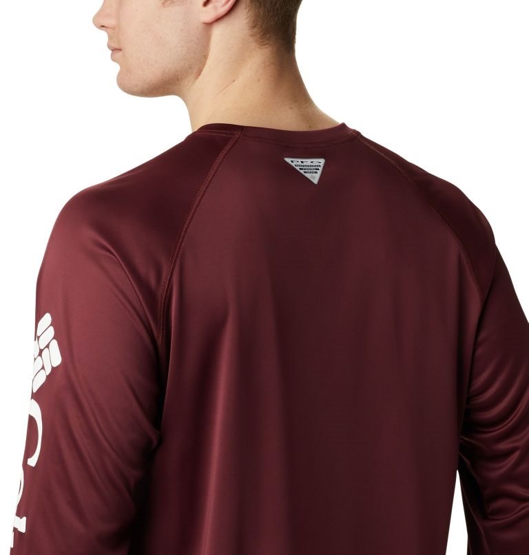 Men's Columbia Collegiate PFG Terminal Tackle Long Sleeve - Texas A&M Sweatshirts Burgundy | CA-U5164