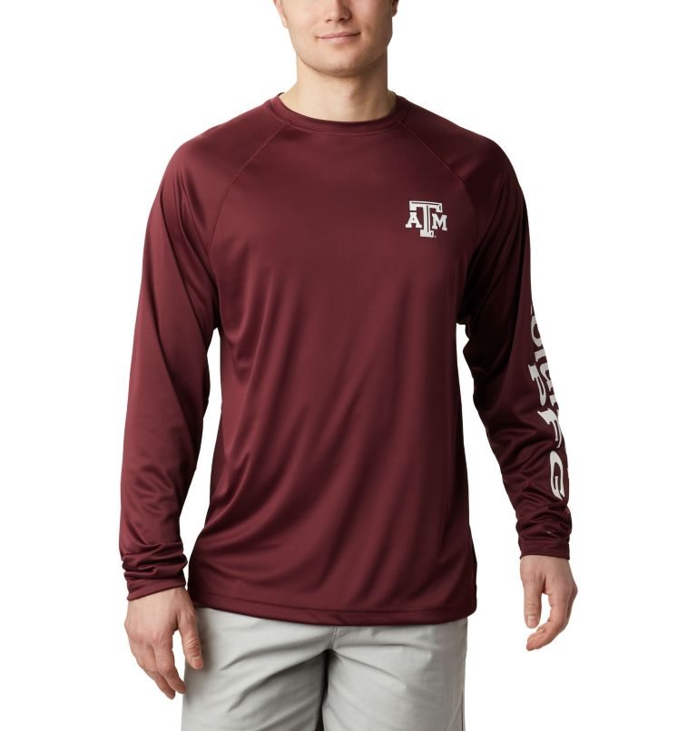 Men\'s Columbia Collegiate PFG Terminal Tackle Long Sleeve - Texas A&M Sweatshirts Burgundy | CA-U5164