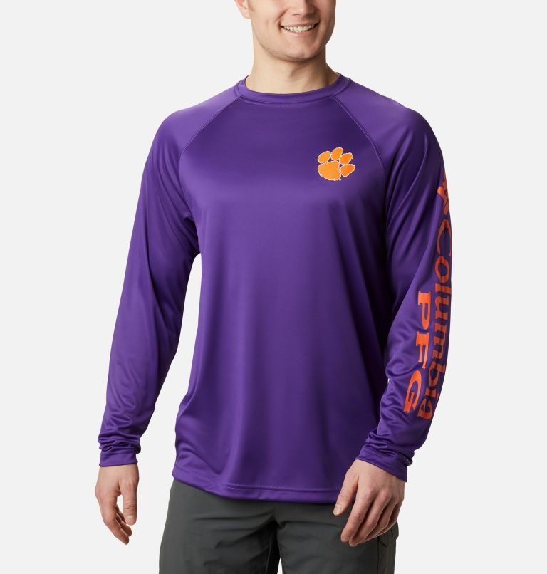 Men\'s Columbia Collegiate PFG Terminal Tackle Long Sleeve - Clemson Sweatshirts Purple | CA-Z1083