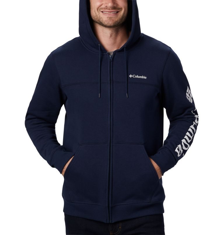 Men's Columbia Logo Full Zip Fleece Hoodie Navy | CA-BL504