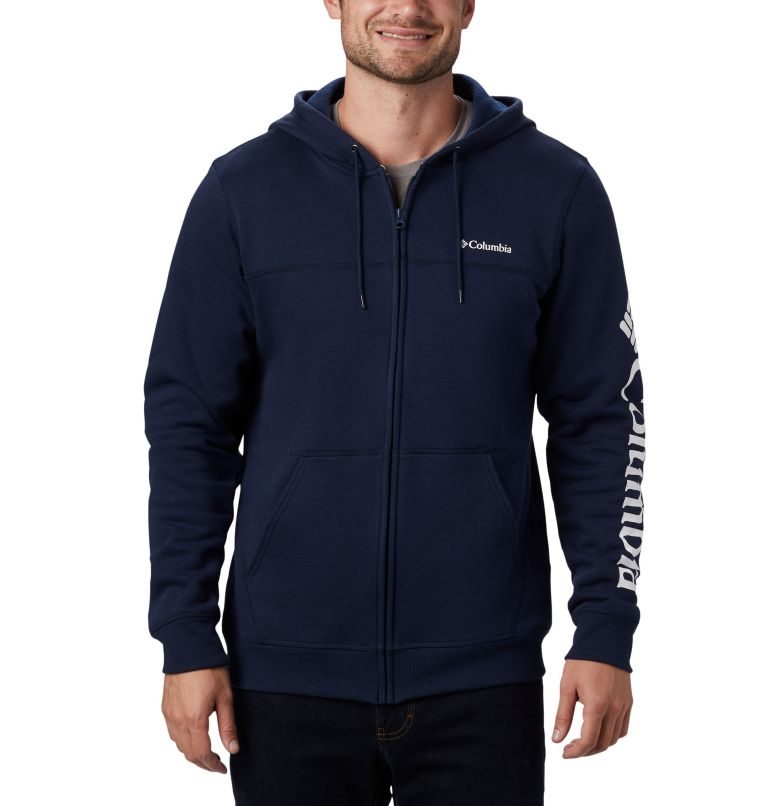 Men\'s Columbia Logo Full Zip Fleece Hoodie Navy | CA-BL504