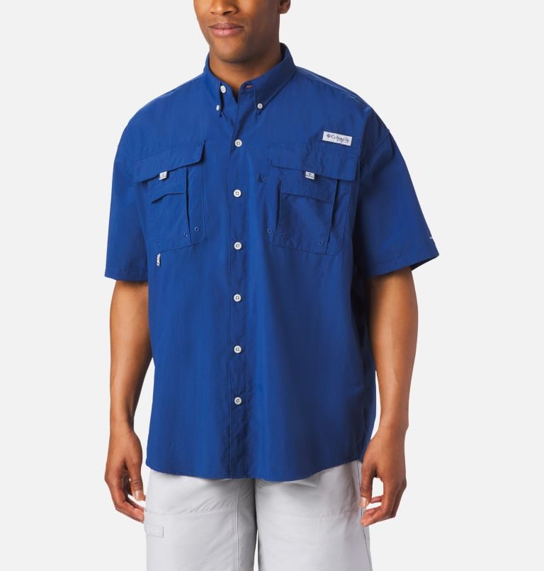 Men\'s Columbia PFG Bahama II Short Sleeve Shirts Blue | CA-J0C4A