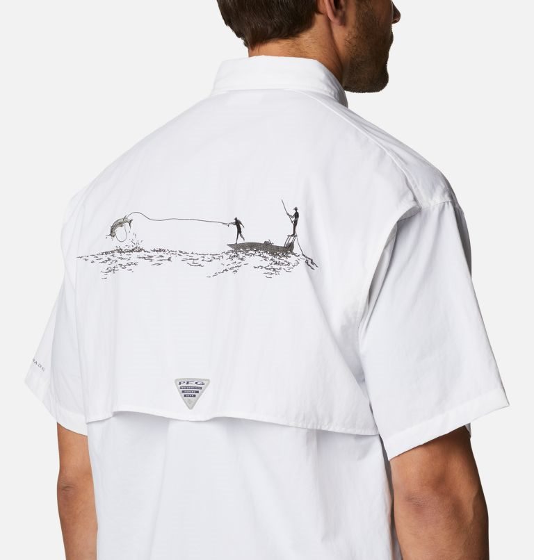 Men's Columbia PFG Bahama Icon Short Sleeve Shirts White | CA-L4180