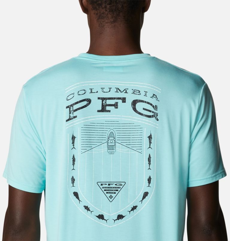 Men's Columbia PFG Boat Badge Tech Short Sleeve T Shirts Turquoise | CA-IAC86