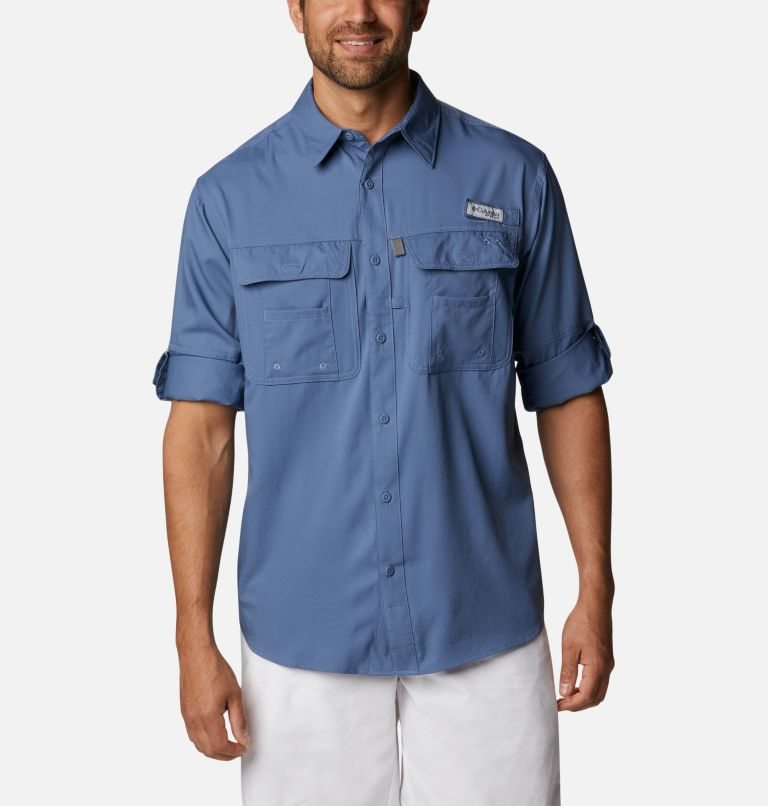 Men's Columbia PFG Drift Guide Woven Long Sleeve Shirts Blue | CA-N3AL5