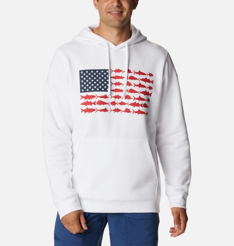 Men\'s Columbia PFG Fish Flag II Hoodie White | CA-K6180