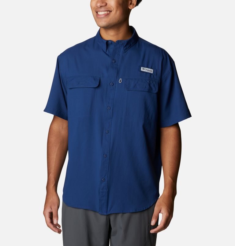 Men\'s Columbia PFG Skiff Guide Woven Short Sleeve Shirts Blue | CA-BA6LC