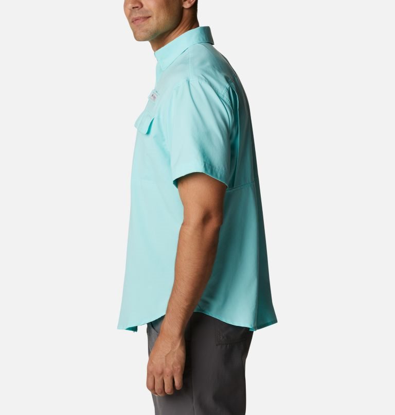 Men's Columbia PFG Skiff Guide Woven Short Sleeve Shirts Turquoise | CA-V1A8L