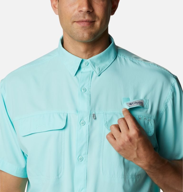 Men's Columbia PFG Skiff Guide Woven Short Sleeve Shirts Turquoise | CA-V1A8L