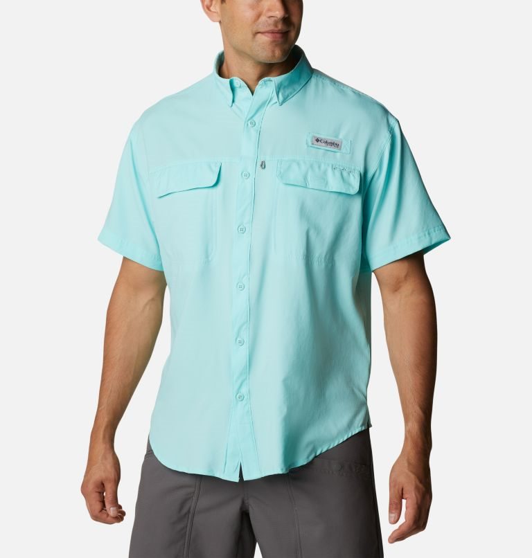 Men\'s Columbia PFG Skiff Guide Woven Short Sleeve Shirts Turquoise | CA-V1A8L