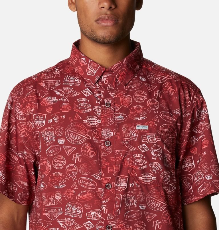 Men's Columbia PFG Super Slack Tide Camp Shirts Red | CA-Q486L