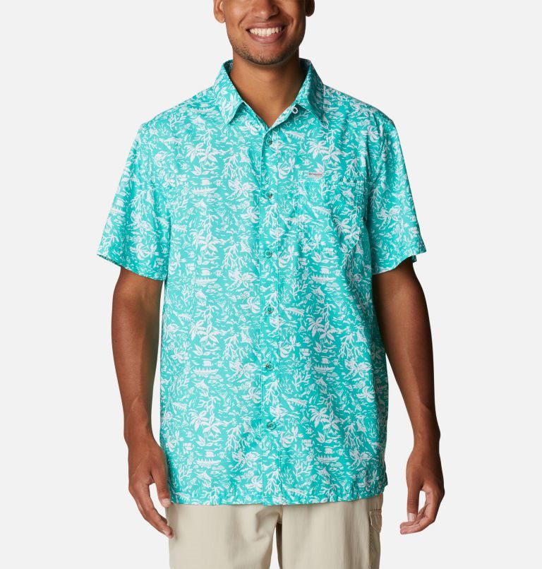 Men\'s Columbia PFG Super Slack Tide Camp Shirts Turquoise | CA-YA103