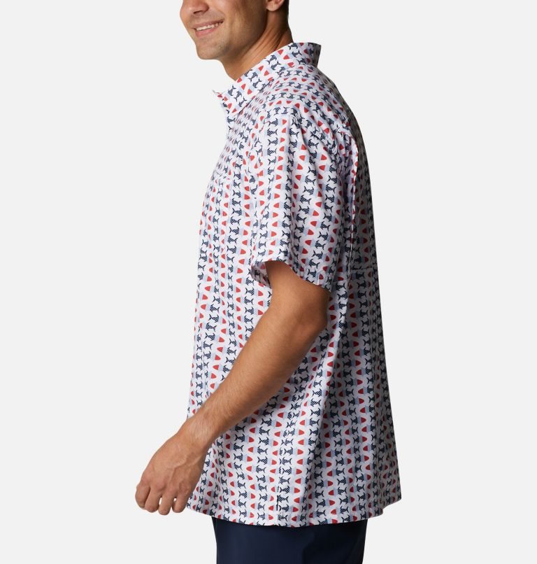 Men's Columbia PFG Super Slack Tide Camp Shirts White / Red / Blue | CA-YA1C4