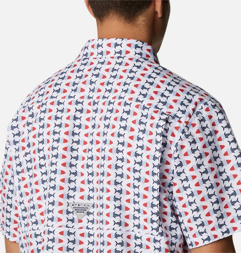 Men's Columbia PFG Super Slack Tide Camp Shirts White / Red / Blue | CA-YA1C4